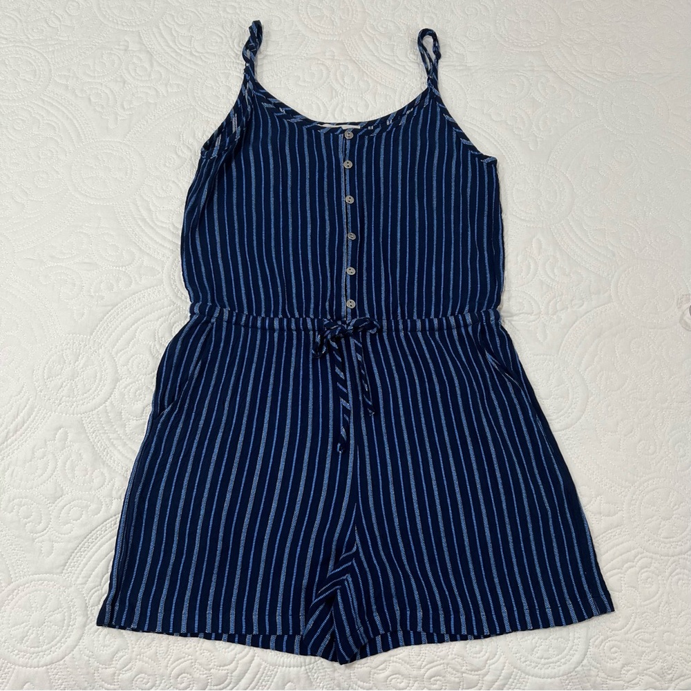 LOFT Blue White Striped Romper Tie Waist Pockets SIZE Medium EUC